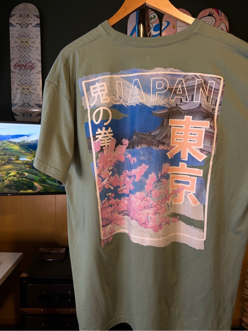 Tokyo Japan Cherry Blossom Sakura Art Oni No Ken Graphic TShirt Sage Green Size